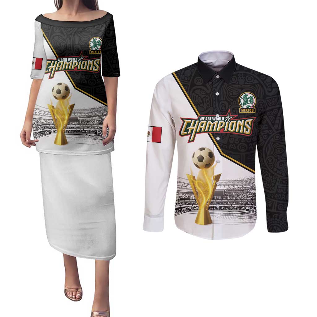 Custom Mexico Football Champion Couples Matching Puletasi and Long Sleeve Button Shirt Aztec Pattern - Wonder Print Shop