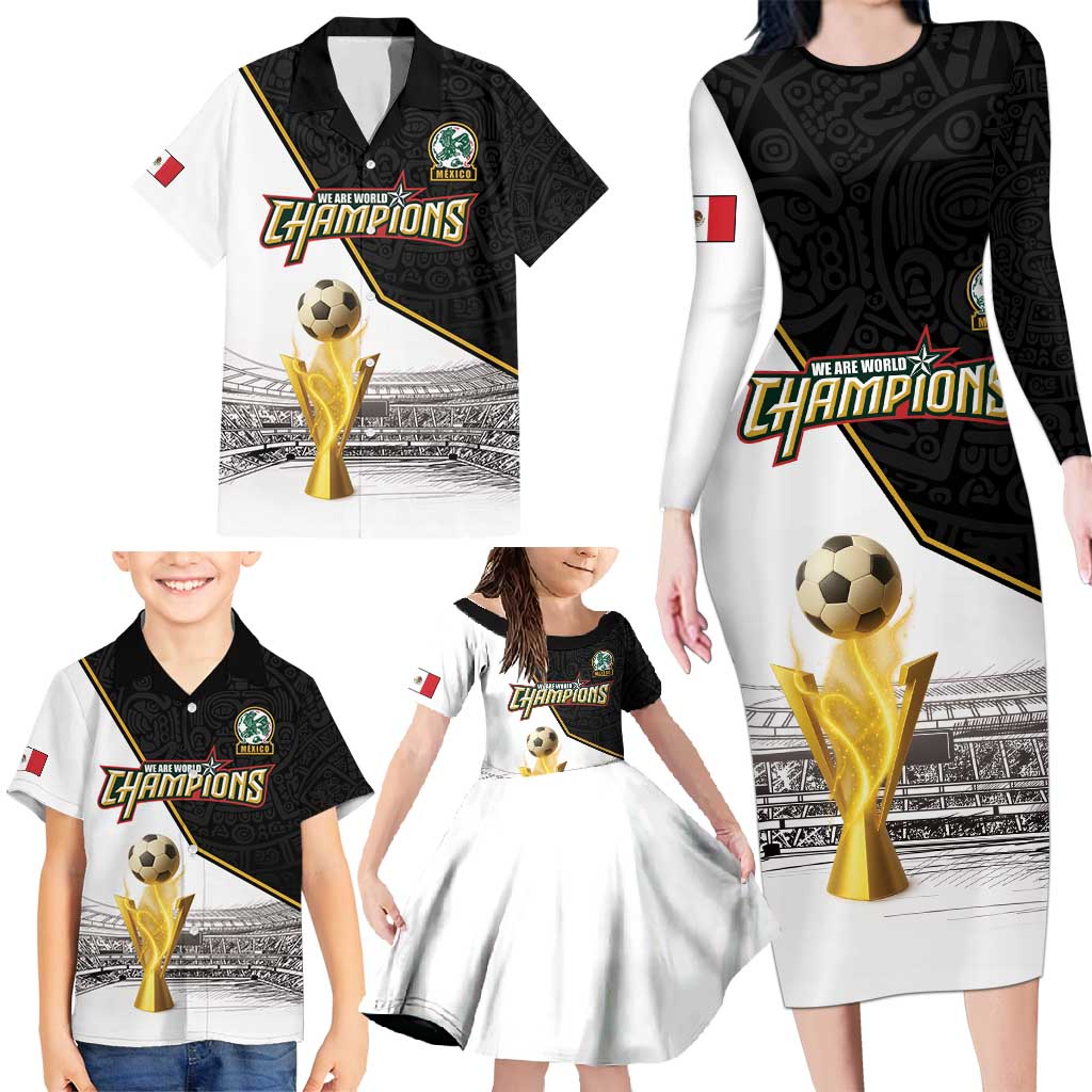 Custom Mexico Football Champion Family Matching Long Sleeve Bodycon Dress and Hawaiian Shirt Aztec Pattern - Wonder Print Shop