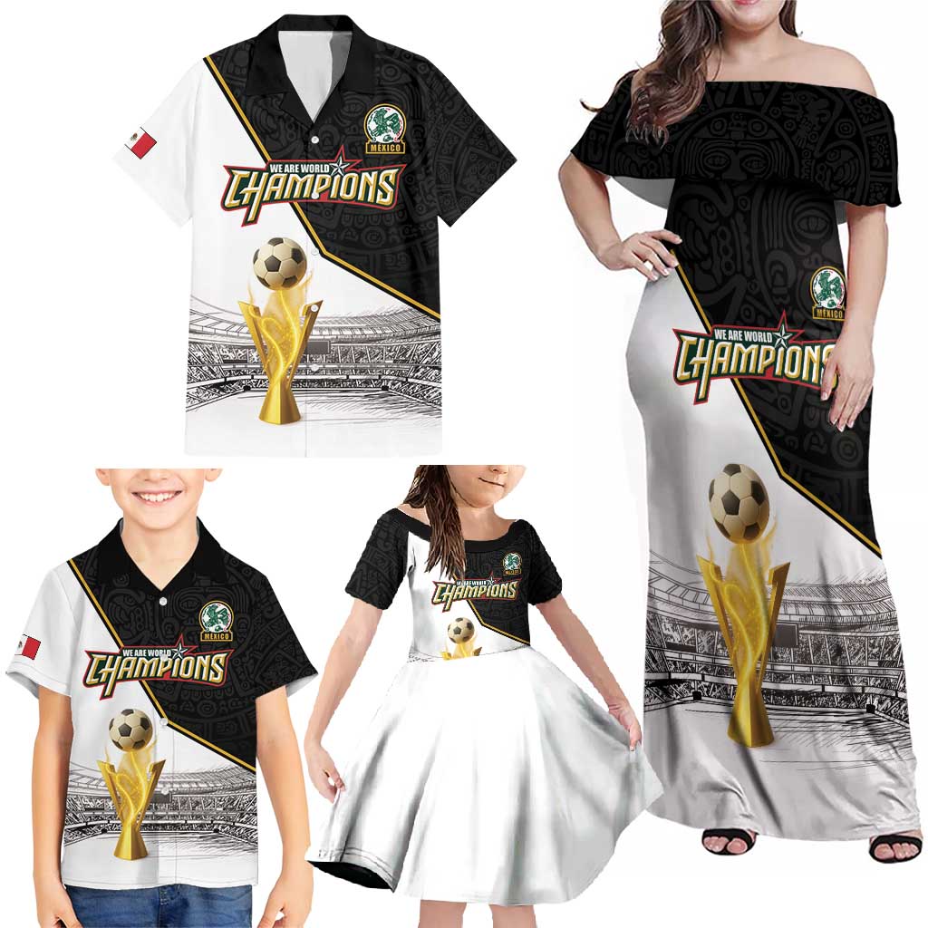 Custom Mexico Football Champion Family Matching Off Shoulder Maxi Dress and Hawaiian Shirt Aztec Pattern - Wonder Print Shop