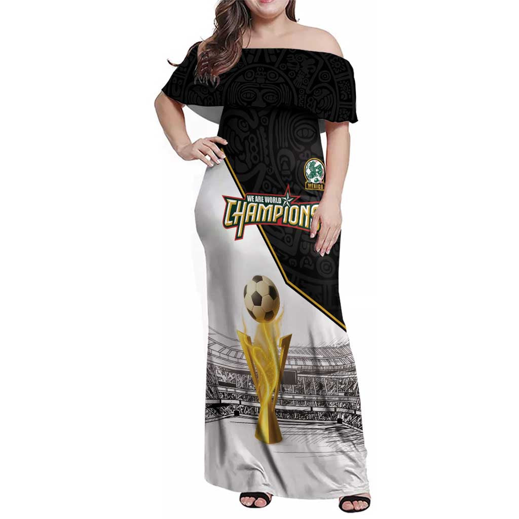 Custom Mexico Football Champion Family Matching Off Shoulder Maxi Dress and Hawaiian Shirt Aztec Pattern - Wonder Print Shop