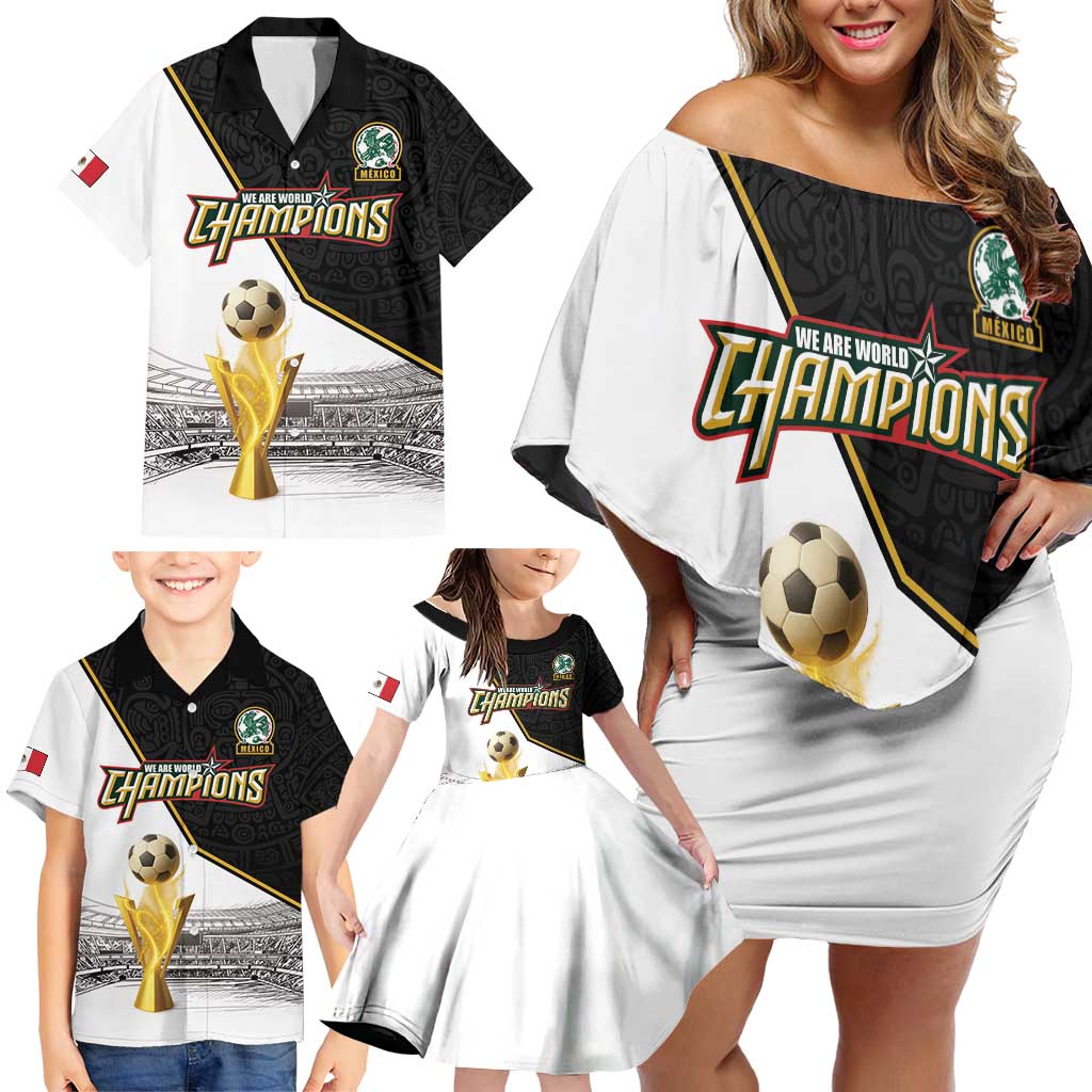Custom Mexico Football Champion Family Matching Off Shoulder Short Dress and Hawaiian Shirt Aztec Pattern - Wonder Print Shop