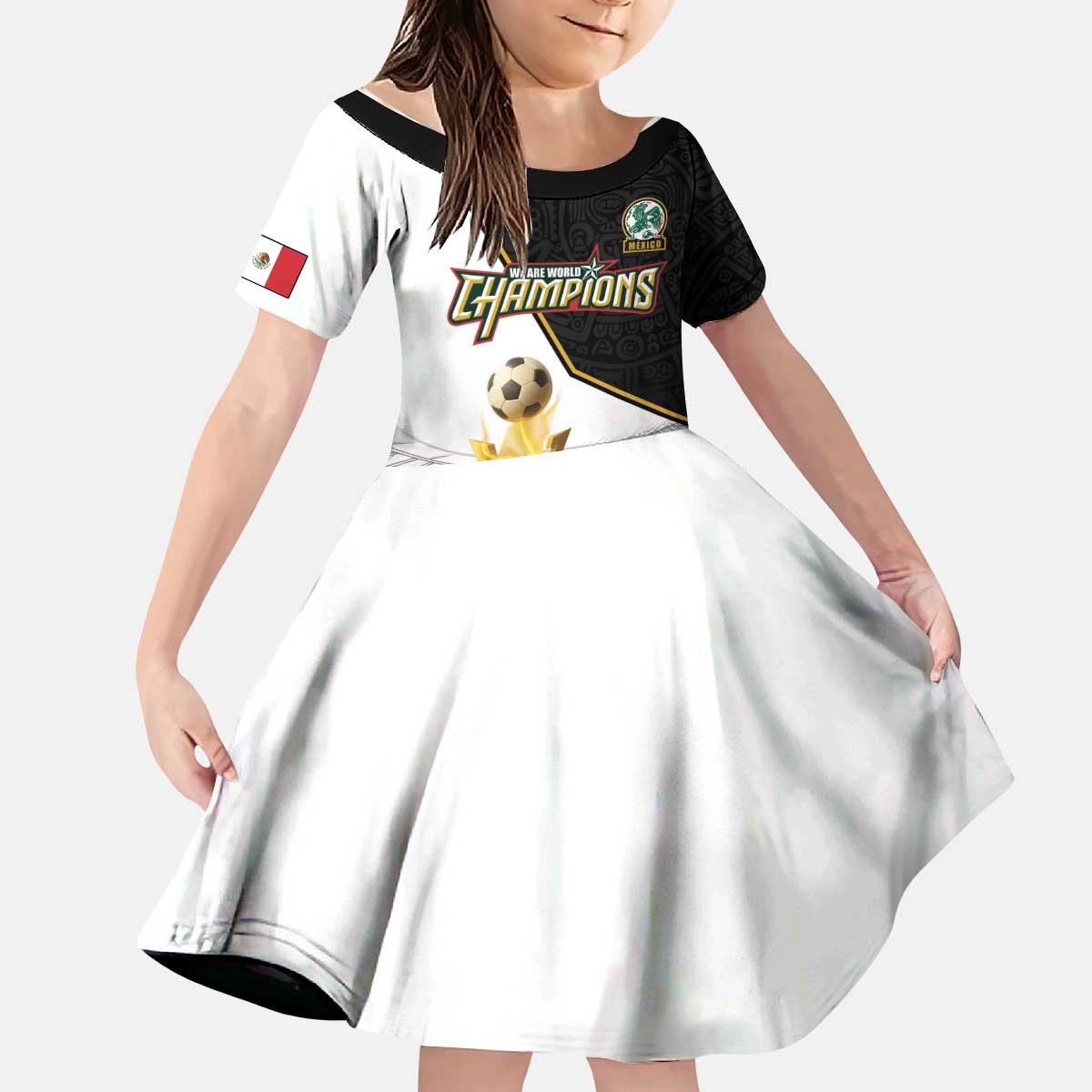 Custom Mexico Football Champion Kid Short Sleeve Dress Aztec Pattern - Wonder Print Shop