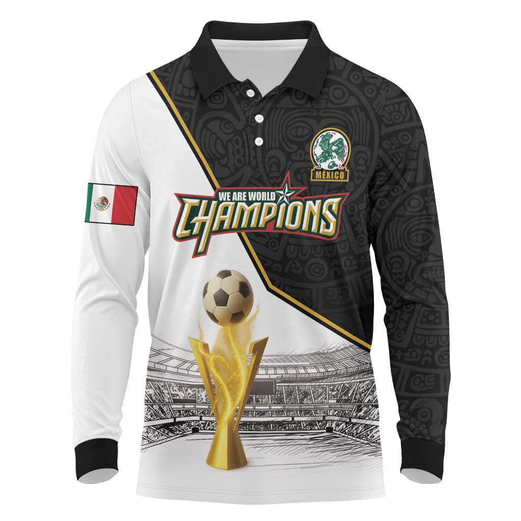 Custom Mexico Football Champion Long Sleeve Polo Shirt Aztec Pattern - Wonder Print Shop