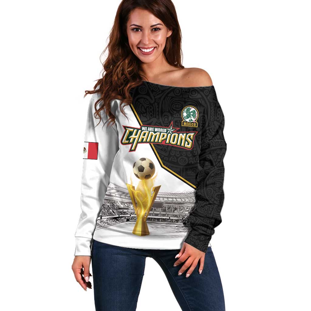 Custom Mexico Football Champion Off Shoulder Sweater Aztec Pattern - Wonder Print Shop