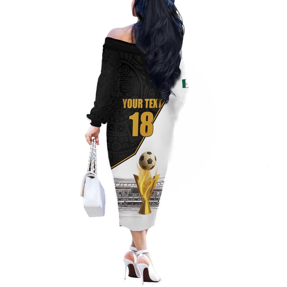 Custom Mexico Football Champion Off The Shoulder Long Sleeve Dress Aztec Pattern - Wonder Print Shop