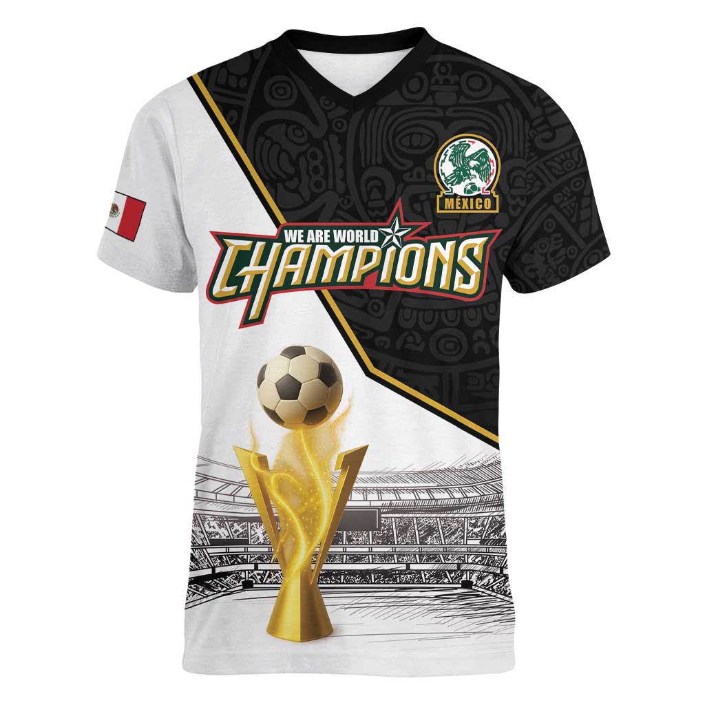 Custom Mexico Football Champion Women V-Neck T-Shirt Aztec Pattern - Wonder Print Shop