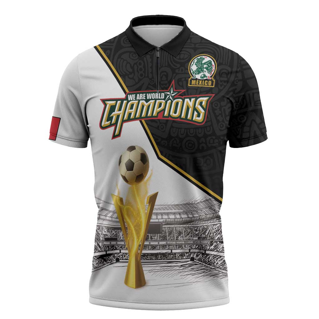 Custom Mexico Football Champion Zipper Polo Shirt Aztec Pattern - Wonder Print Shop