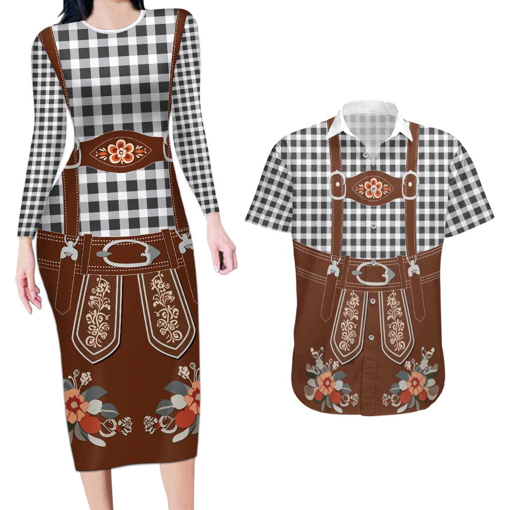 Oktoberfest Lederhosen Costume Couples Matching Long Sleeve Bodycon Dress and Hawaiian Shirt German Beer Festival - Wonder Print Shop