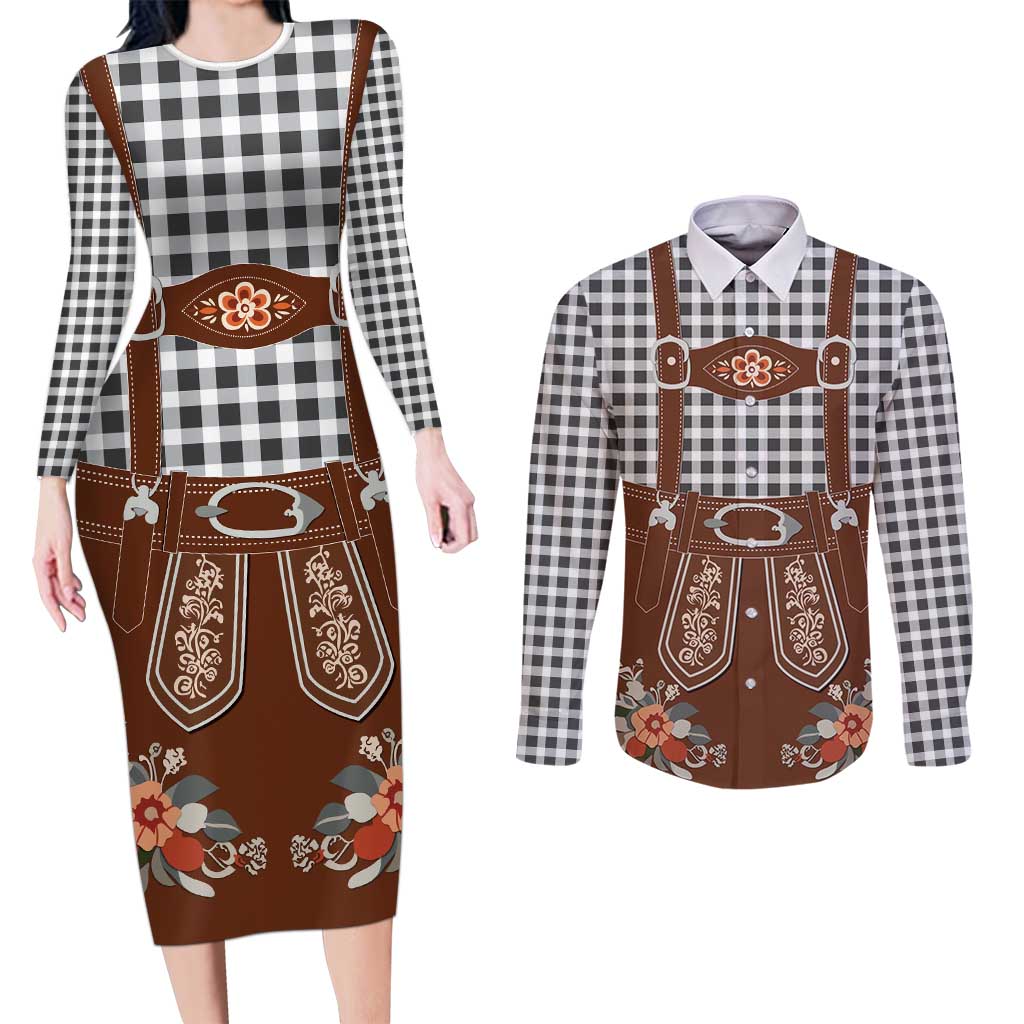 Oktoberfest Lederhosen Costume Couples Matching Long Sleeve Bodycon Dress and Long Sleeve Button Shirt German Beer Festival - Wonder Print Shop