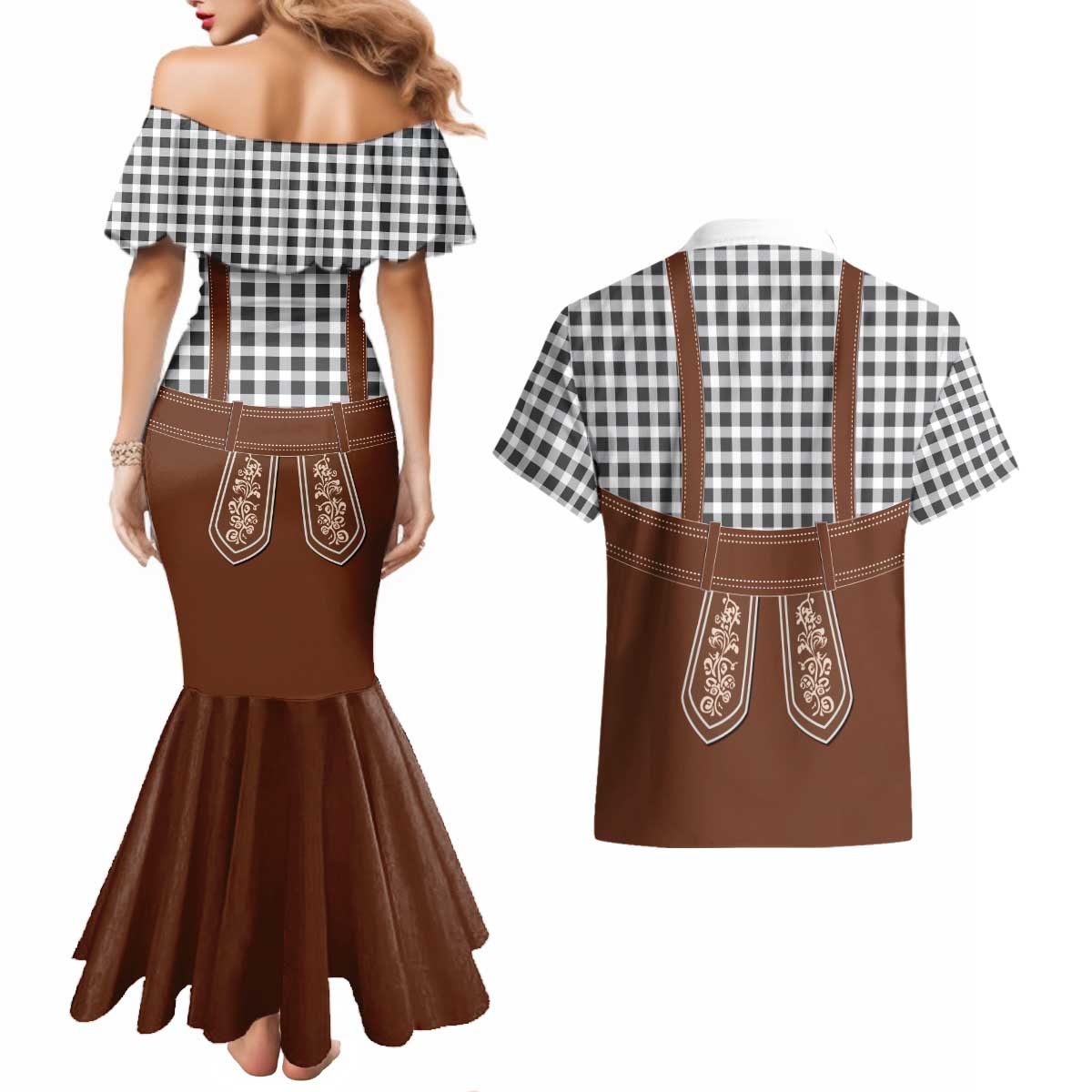 Oktoberfest Lederhosen Costume Couples Matching Mermaid Dress and Hawaiian Shirt German Beer Festival - Wonder Print Shop