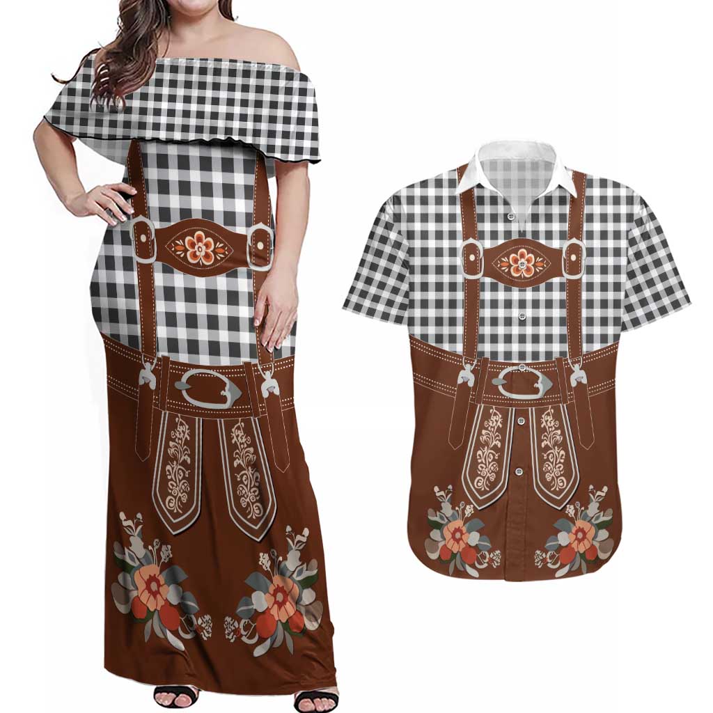Oktoberfest Lederhosen Costume Couples Matching Off Shoulder Maxi Dress and Hawaiian Shirt German Beer Festival - Wonder Print Shop