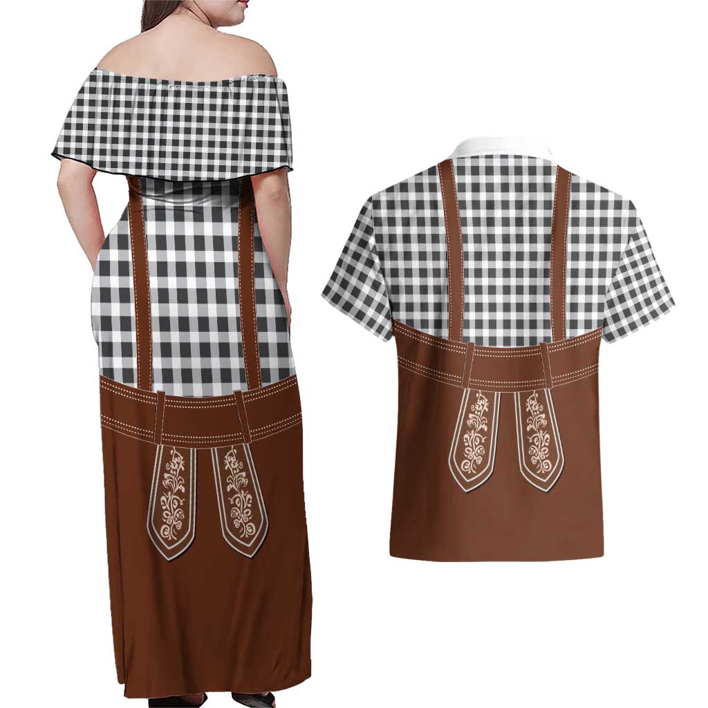 Oktoberfest Lederhosen Costume Couples Matching Off Shoulder Maxi Dress and Hawaiian Shirt German Beer Festival - Wonder Print Shop
