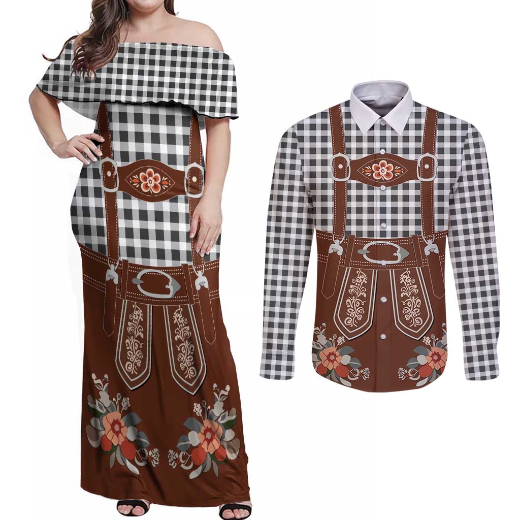 Oktoberfest Lederhosen Costume Couples Matching Off Shoulder Maxi Dress and Long Sleeve Button Shirt German Beer Festival - Wonder Print Shop