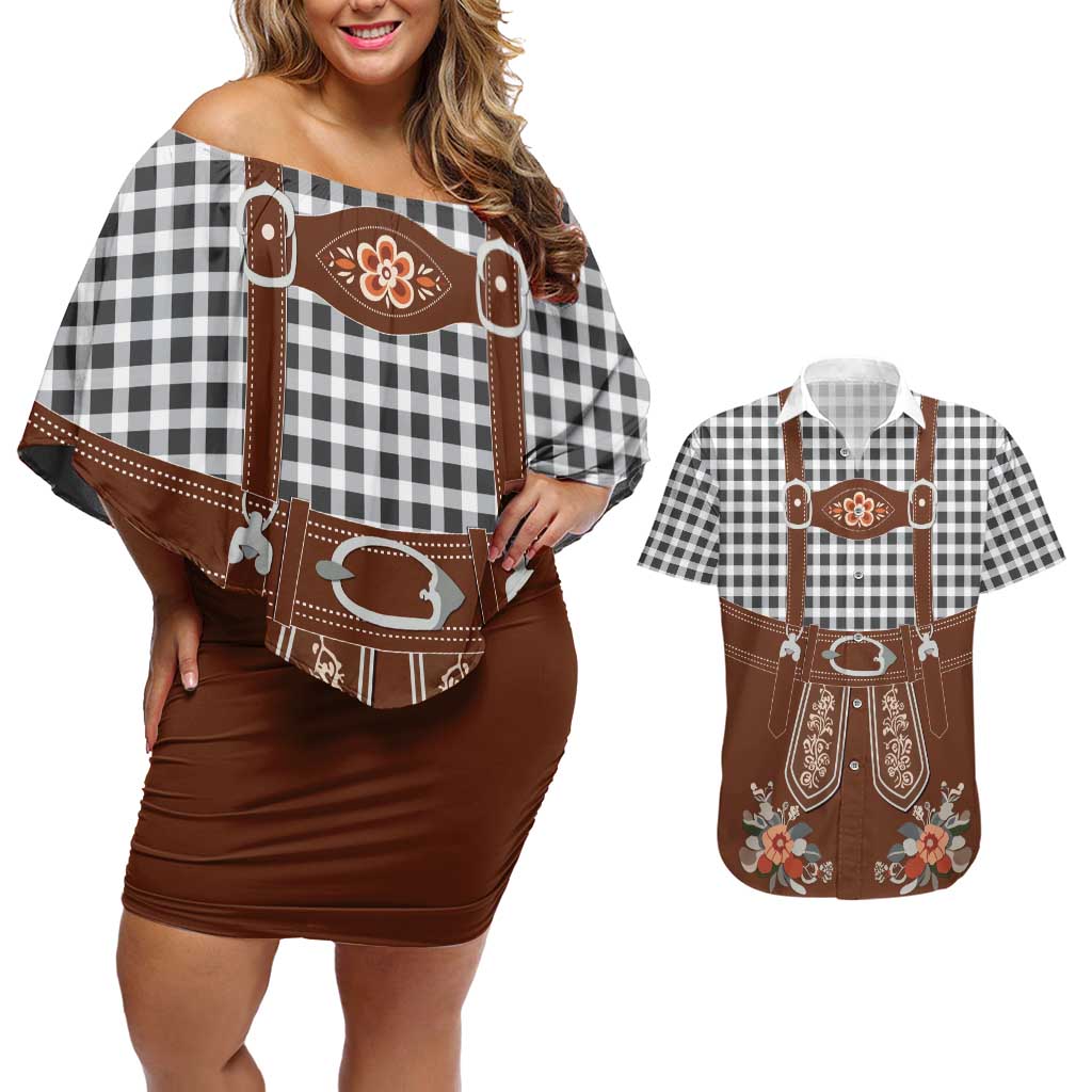 Oktoberfest Lederhosen Costume Couples Matching Off Shoulder Short Dress and Hawaiian Shirt German Beer Festival - Wonder Print Shop