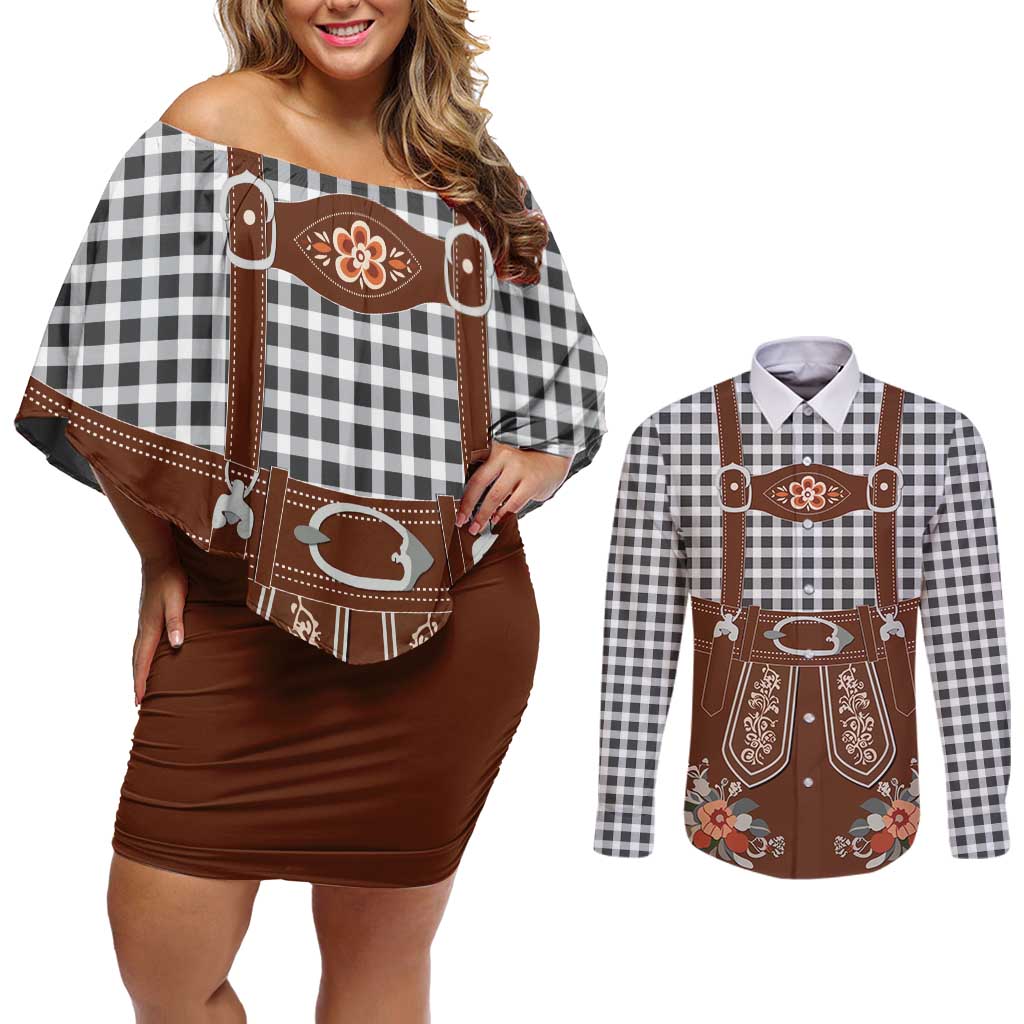 Oktoberfest Lederhosen Costume Couples Matching Off Shoulder Short Dress and Long Sleeve Button Shirt German Beer Festival - Wonder Print Shop