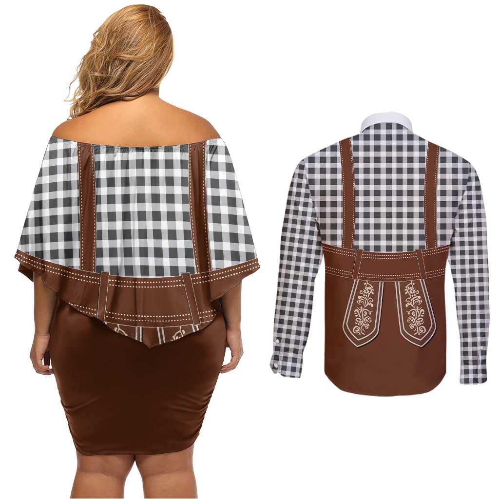 Oktoberfest Lederhosen Costume Couples Matching Off Shoulder Short Dress and Long Sleeve Button Shirt German Beer Festival - Wonder Print Shop