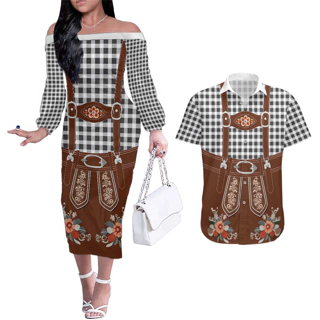 Oktoberfest Lederhosen Costume Couples Matching Off The Shoulder Long Sleeve Dress and Hawaiian Shirt German Beer Festival - Wonder Print Shop
