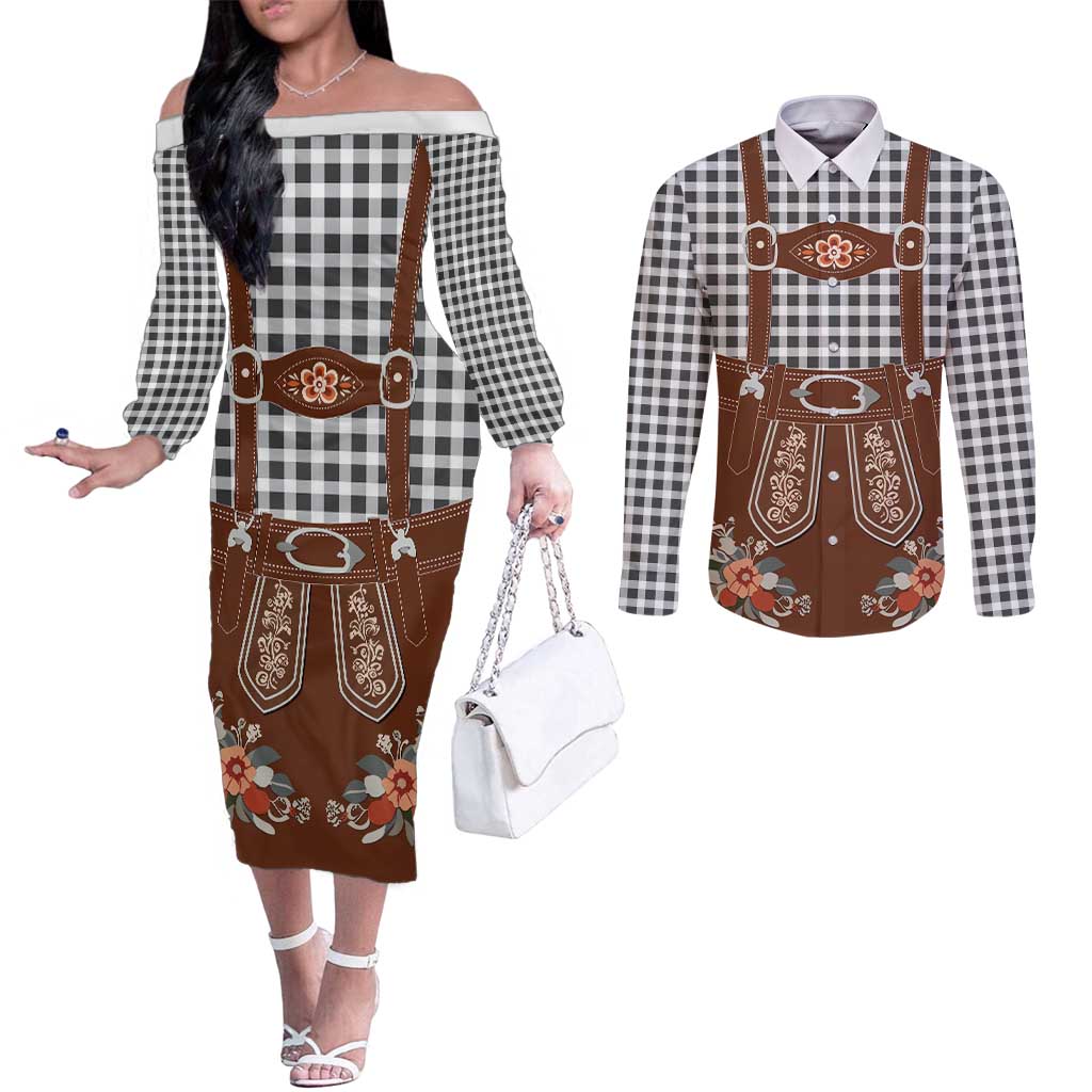 Oktoberfest Lederhosen Costume Couples Matching Off The Shoulder Long Sleeve Dress and Long Sleeve Button Shirt German Beer Festival - Wonder Print Shop