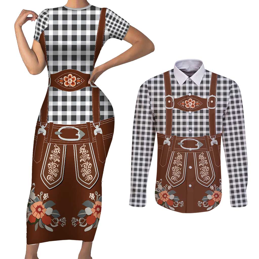 Oktoberfest Lederhosen Costume Couples Matching Short Sleeve Bodycon Dress and Long Sleeve Button Shirt German Beer Festival - Wonder Print Shop