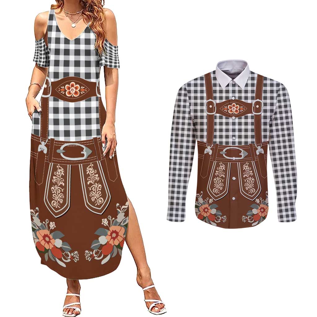 Oktoberfest Lederhosen Costume Couples Matching Summer Maxi Dress and Long Sleeve Button Shirt German Beer Festival - Wonder Print Shop
