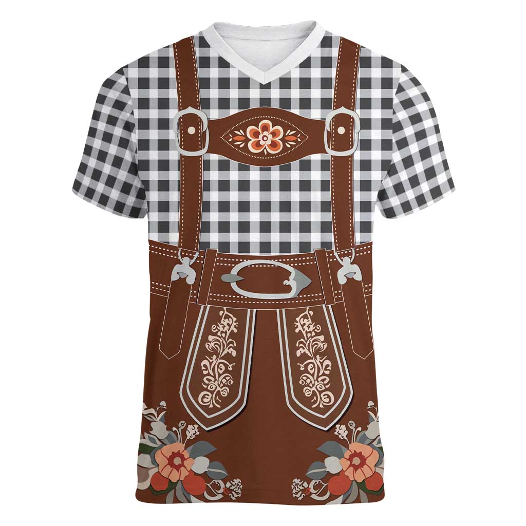 Oktoberfest Lederhosen Costume Women V-Neck T-Shirt German Beer Festival - Wonder Print Shop