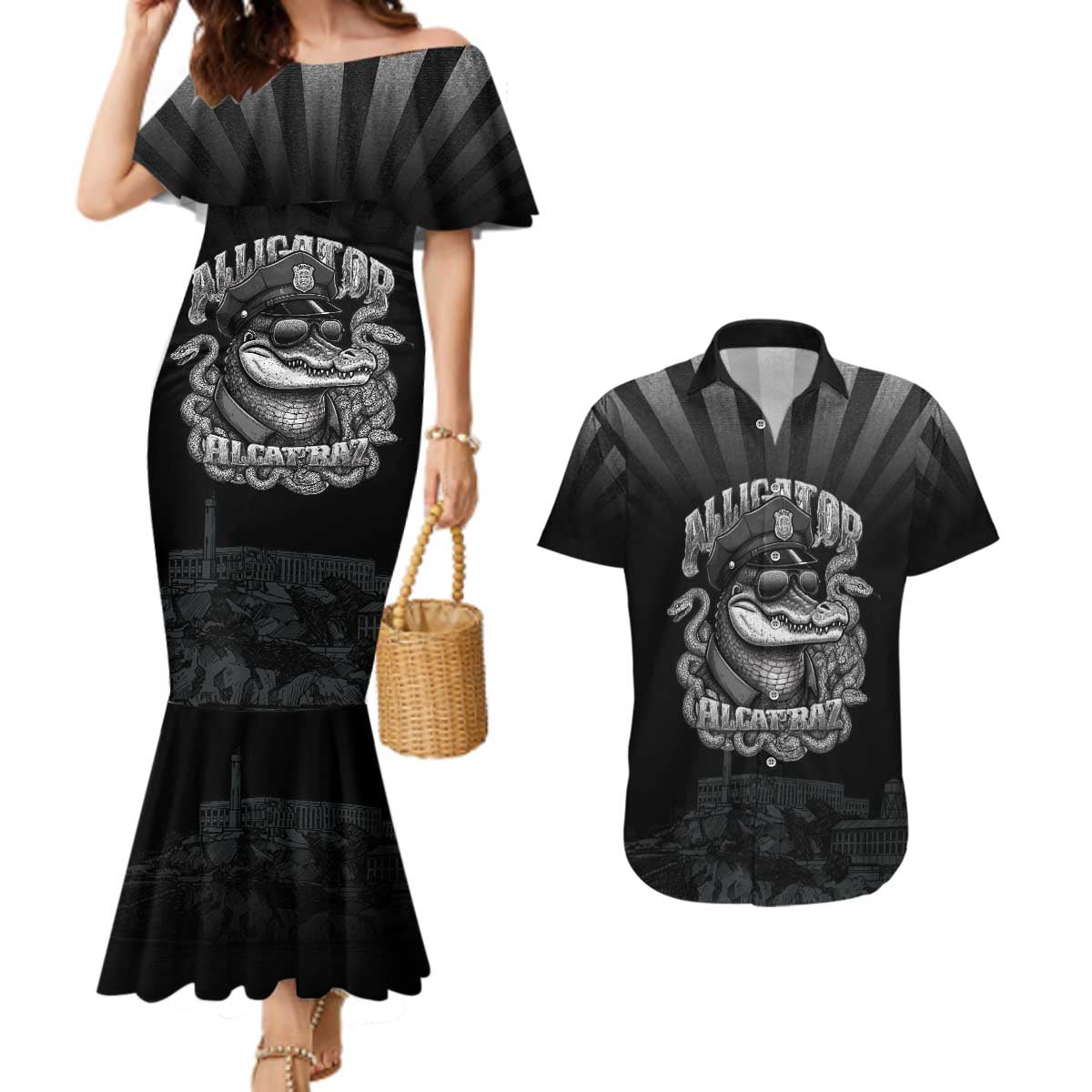 Alligator Alcatraz Police Couples Matching Mermaid Dress and Hawaiian Shirt Prison Florida Everglades - Wonder Print Shop