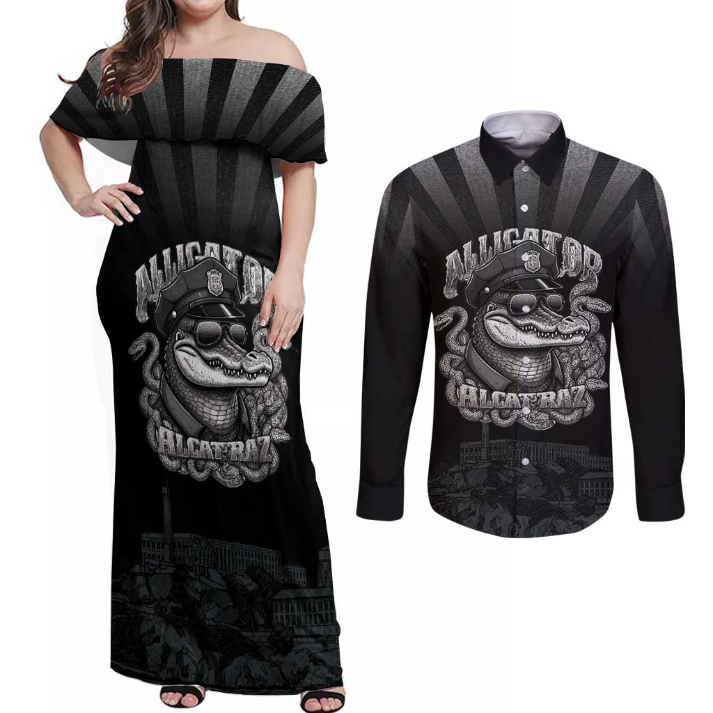 Alligator Alcatraz Police Couples Matching Off Shoulder Maxi Dress and Long Sleeve Button Shirt Prison Florida Everglades - Wonder Print Shop