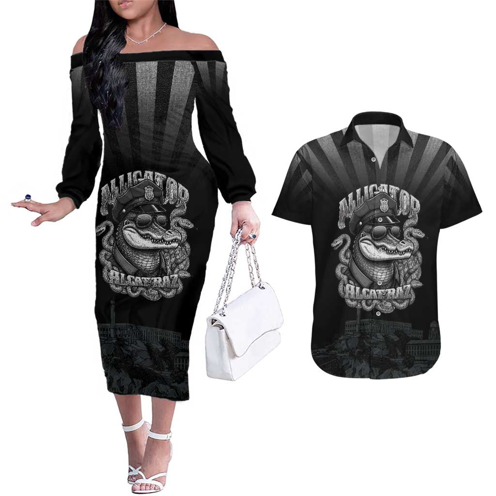 Alligator Alcatraz Police Couples Matching Off The Shoulder Long Sleeve Dress and Hawaiian Shirt Prison Florida Everglades - Wonder Print Shop
