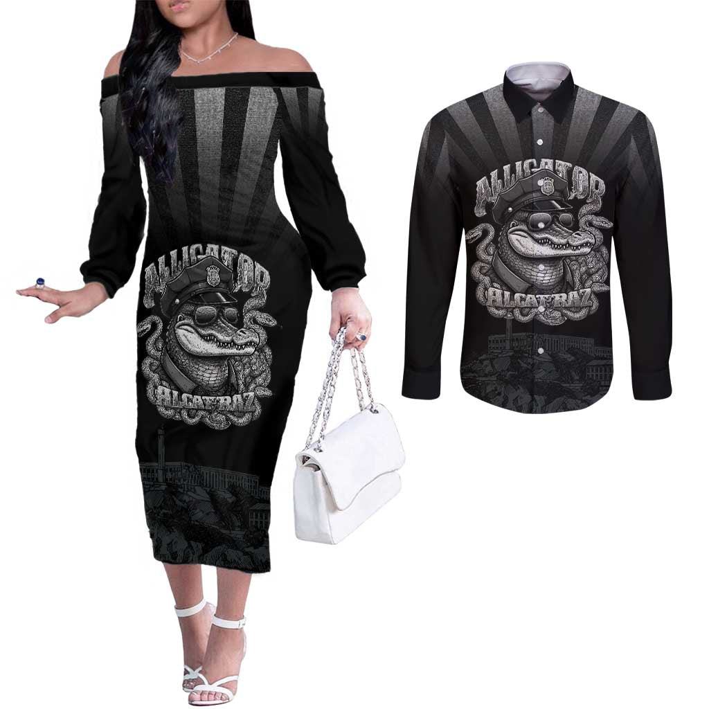 Alligator Alcatraz Police Couples Matching Off The Shoulder Long Sleeve Dress and Long Sleeve Button Shirt Prison Florida Everglades - Wonder Print Shop