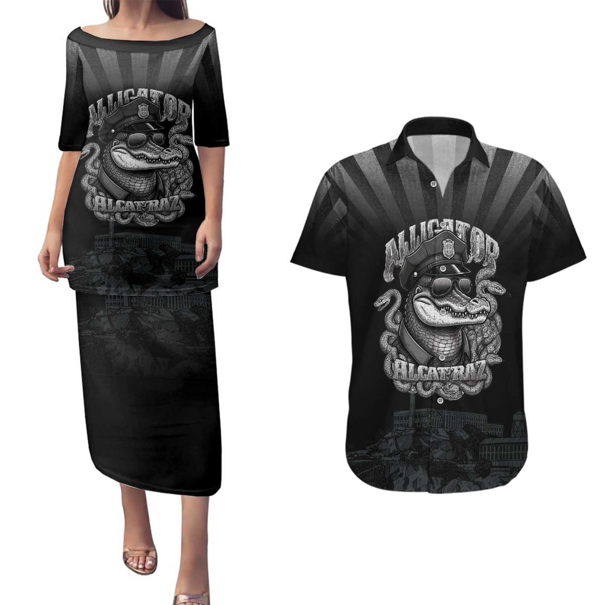 Alligator Alcatraz Police Couples Matching Puletasi and Hawaiian Shirt Prison Florida Everglades - Wonder Print Shop