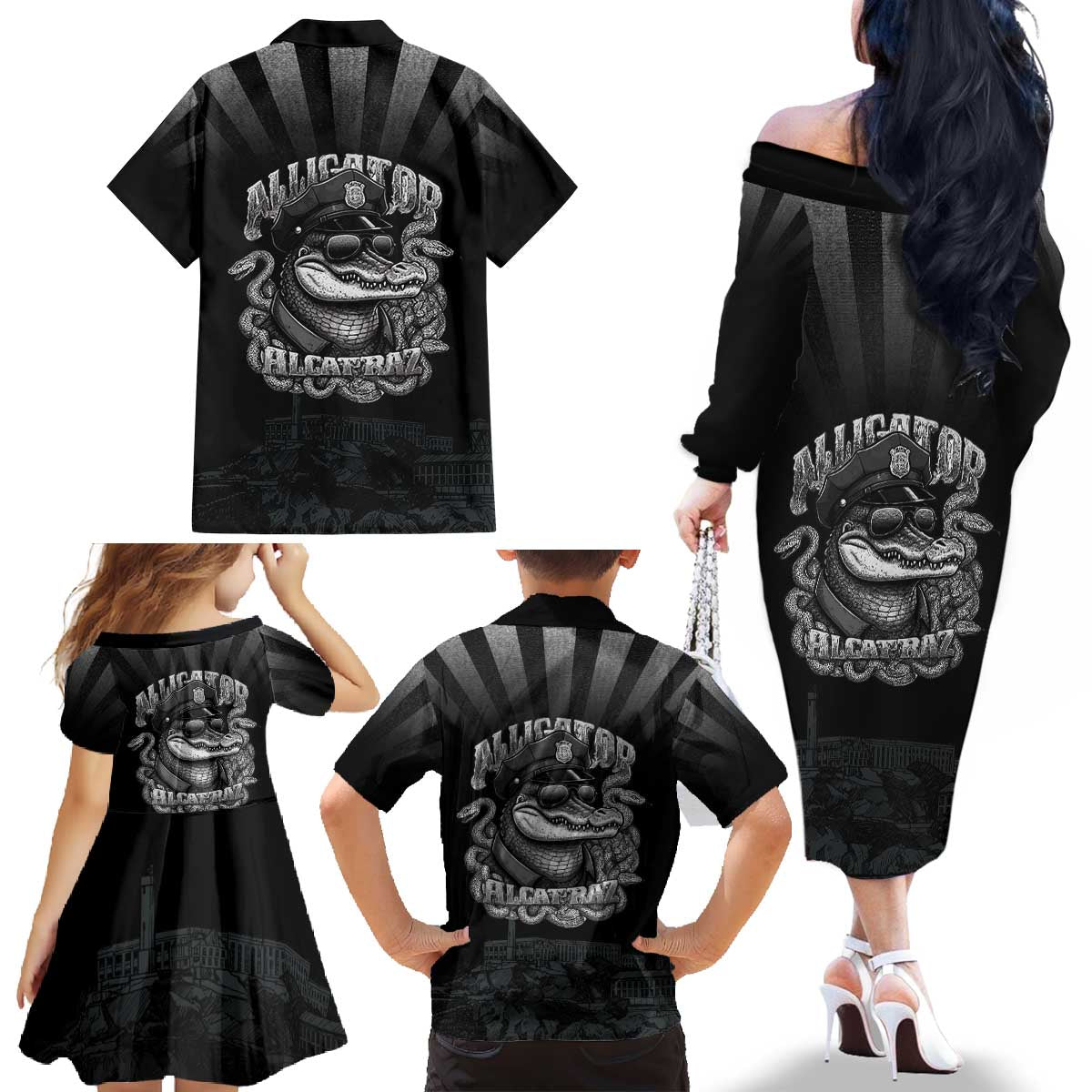 Alligator Alcatraz Police Family Matching Off The Shoulder Long Sleeve Dress and Hawaiian Shirt Prison Florida Everglades - Wonder Print Shop