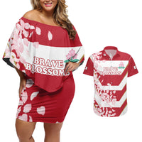 Custom Japan Rugby Couples Matching Off Shoulder Short Dress and Hawaiian Shirt Brave Cherry Blossoms Flying Petals - Wonder Print Shop