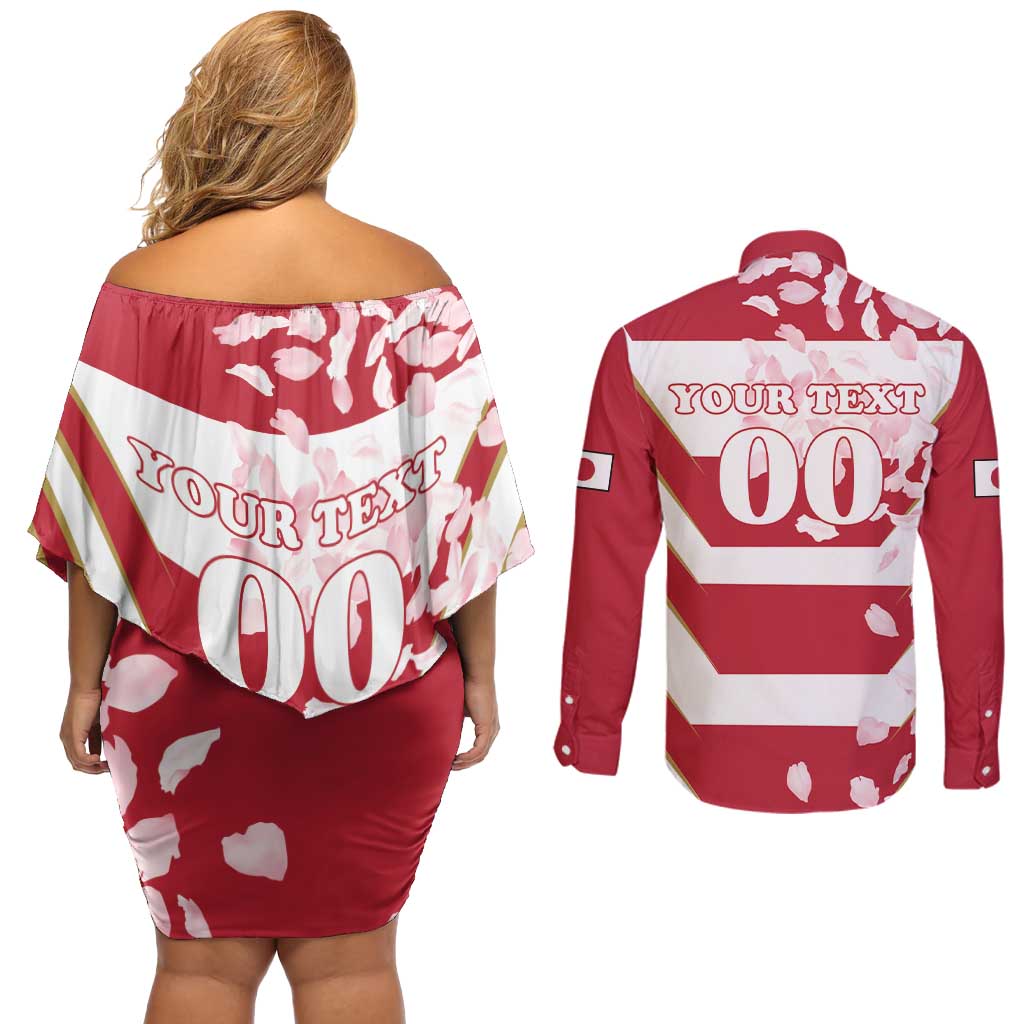 Custom Japan Rugby Couples Matching Off Shoulder Short Dress and Long Sleeve Button Shirt Brave Cherry Blossoms Flying Petals - Wonder Print Shop