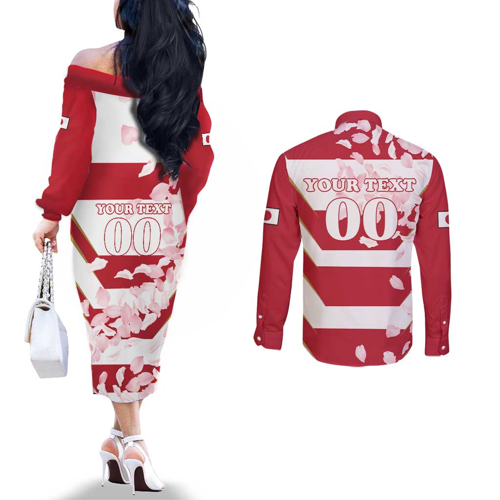Custom Japan Rugby Couples Matching Off The Shoulder Long Sleeve Dress and Long Sleeve Button Shirt Brave Cherry Blossoms Flying Petals