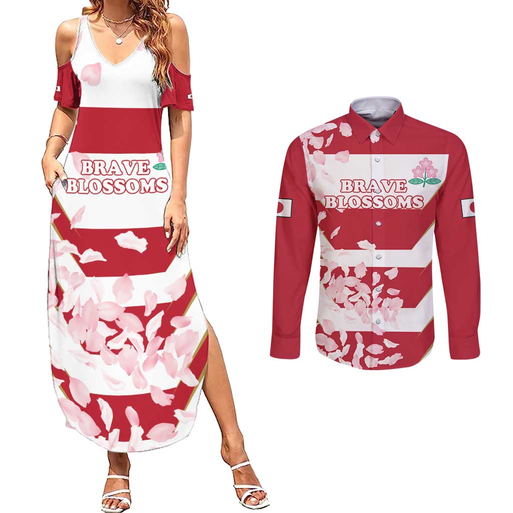 Custom Japan Rugby Couples Matching Summer Maxi Dress and Long Sleeve Button Shirt Brave Cherry Blossoms Flying Petals - Wonder Print Shop