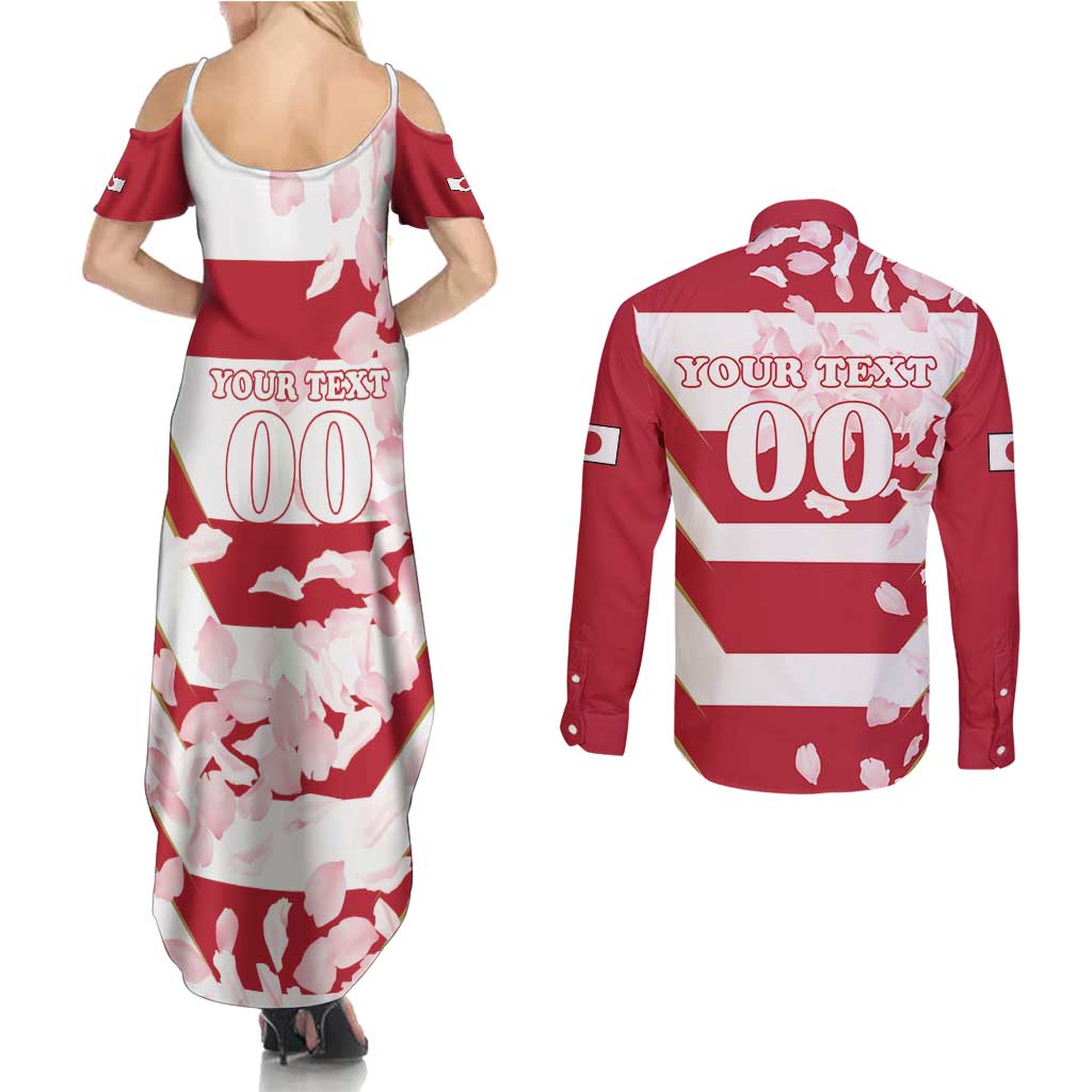 Custom Japan Rugby Couples Matching Summer Maxi Dress and Long Sleeve Button Shirt Brave Cherry Blossoms Flying Petals - Wonder Print Shop