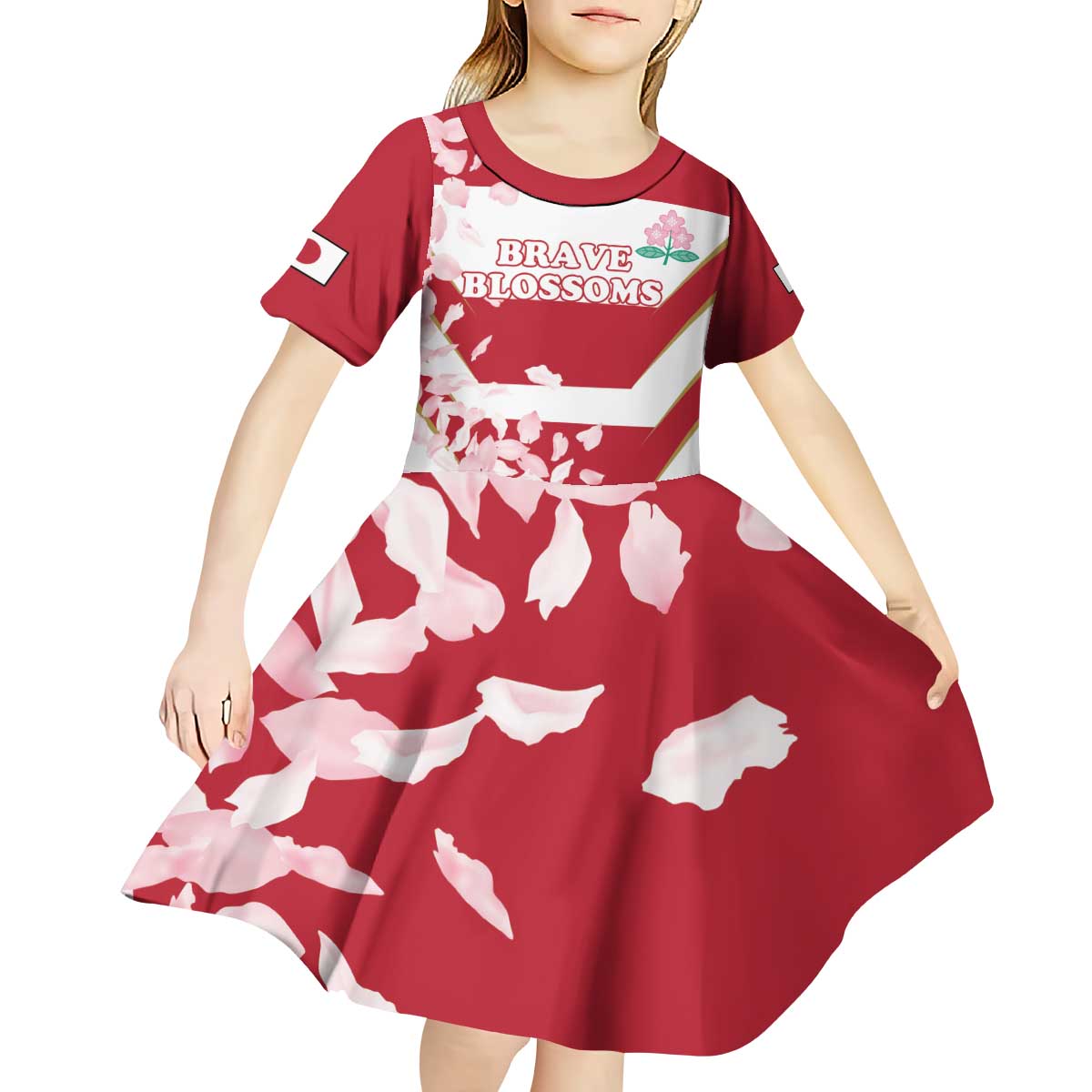 Custom Japan Rugby Kid Short Sleeve Dress Brave Cherry Blossoms Flying Petals - Wonder Print Shop