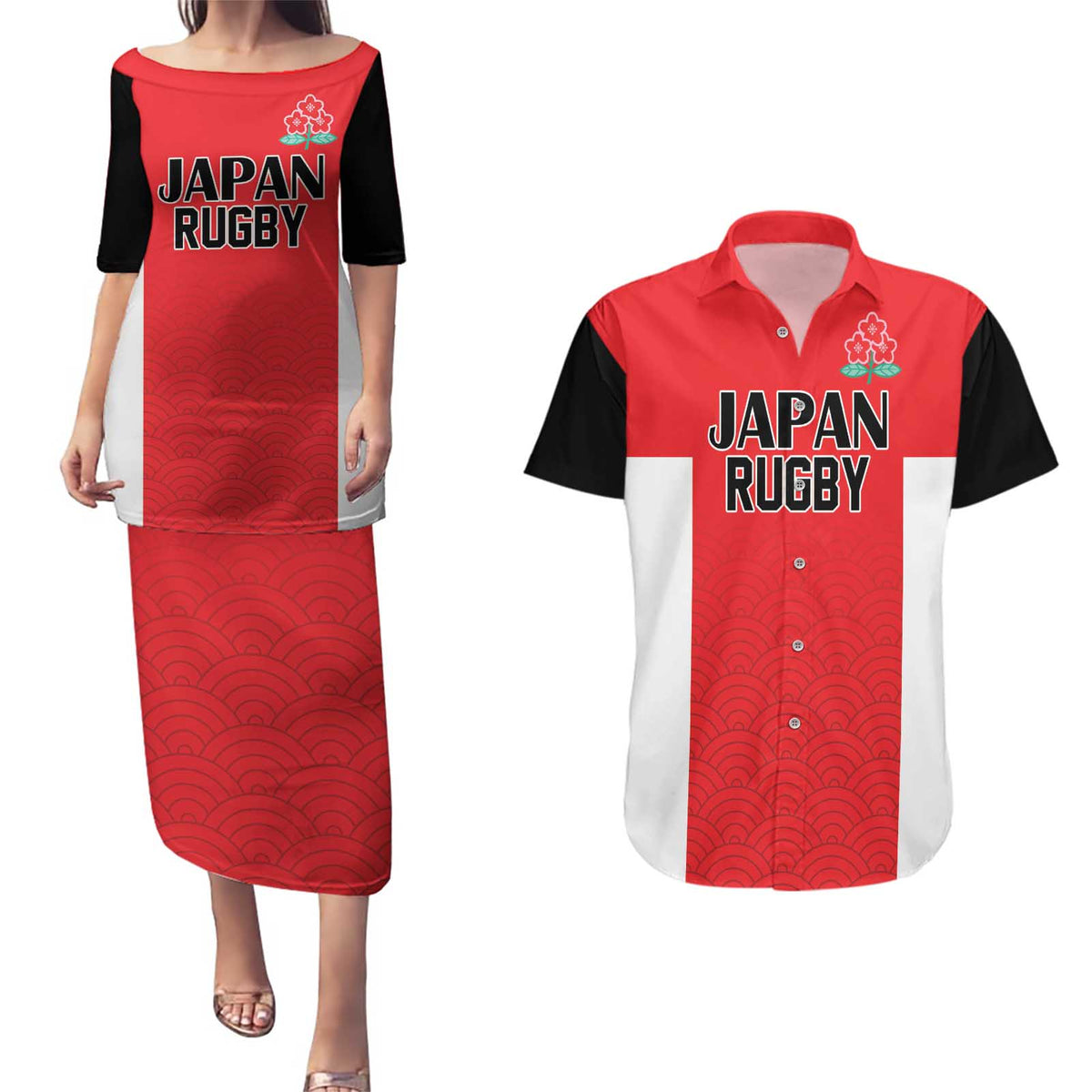 Custom Japan Rugby Couples Matching Puletasi and Hawaiian Shirt Seamless Japanese Waves Pattern - Wonder Print Shop