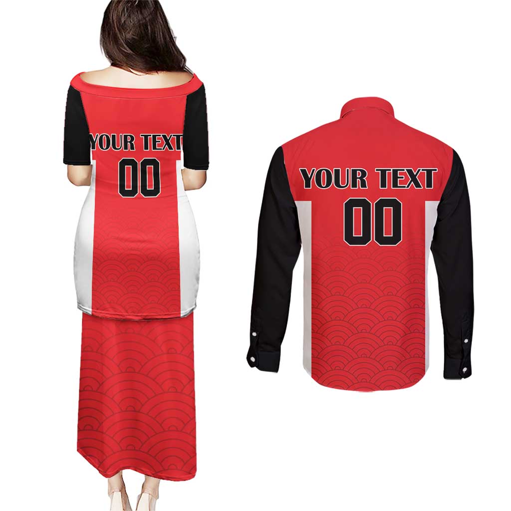Custom Japan Rugby Couples Matching Puletasi and Long Sleeve Button Shirt Seamless Japanese Waves Pattern - Wonder Print Shop