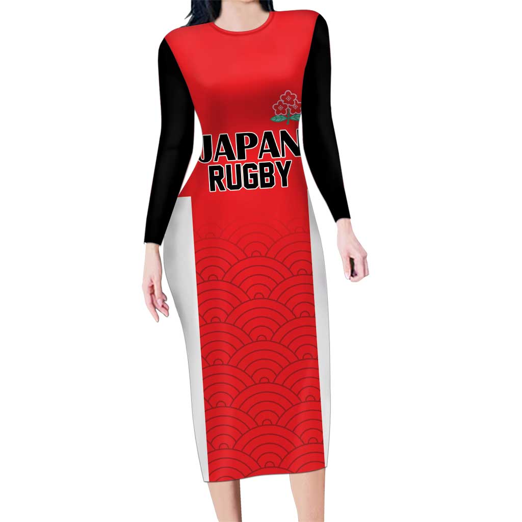 Custom Japan Rugby Family Matching Long Sleeve Bodycon Dress and Hawaiian Shirt Seamless Japanese Waves Pattern - Wonder Print Shop