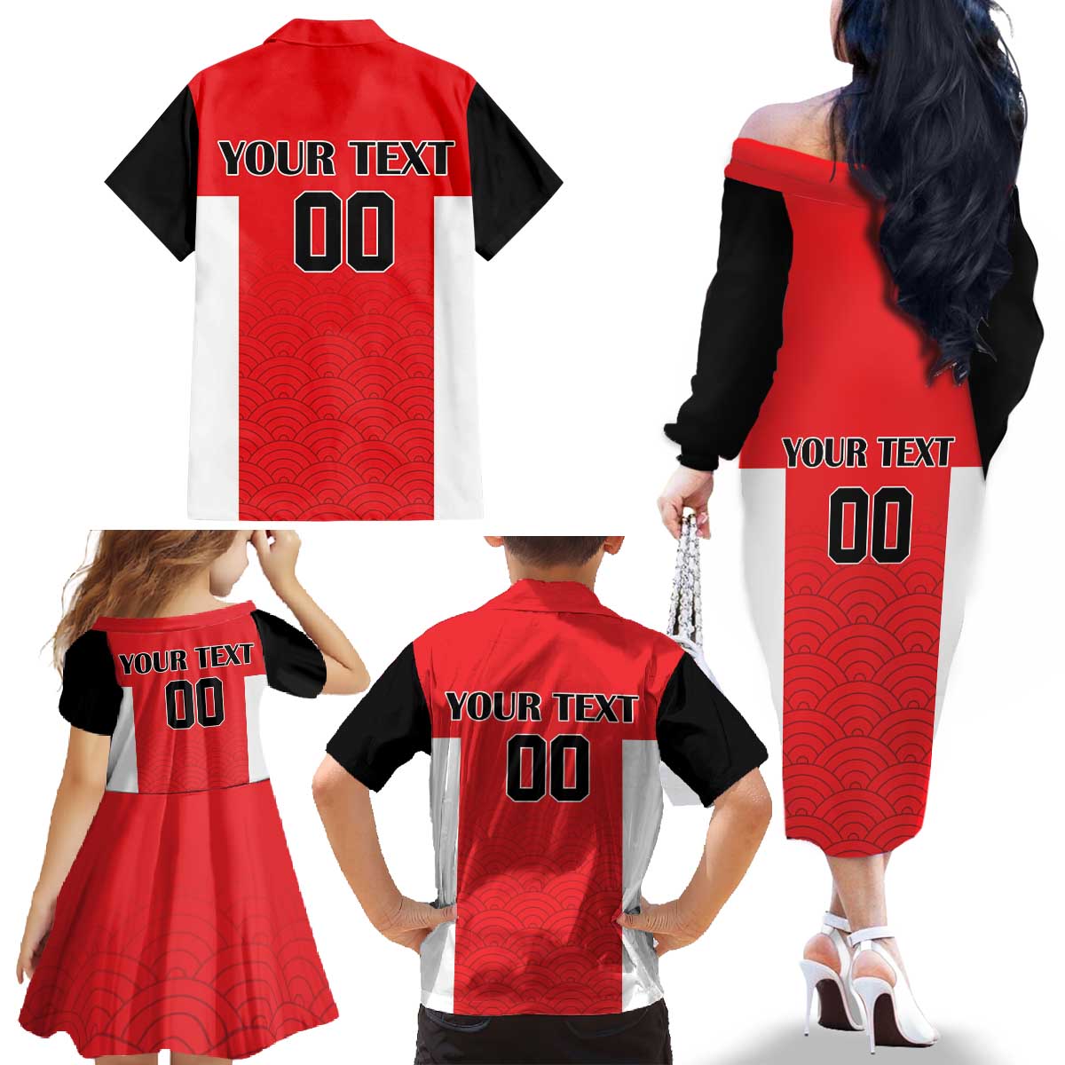 Custom Japan Rugby Family Matching Off The Shoulder Long Sleeve Dress and Hawaiian Shirt Seamless Japanese Waves Pattern - Wonder Print Shop