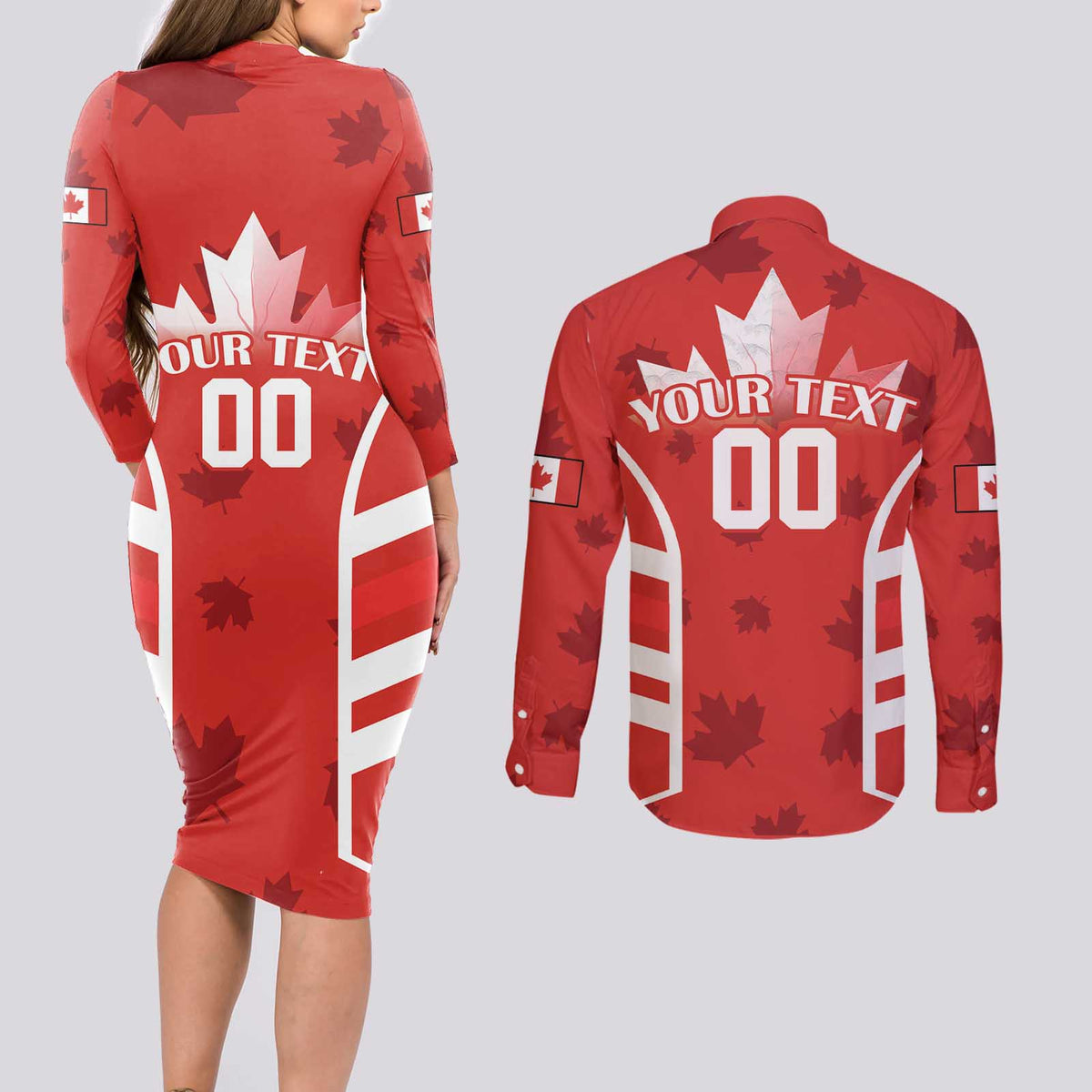 Custom Canada Rugby Couples Matching Long Sleeve Bodycon Dress and Long Sleeve Button Shirt Canada Flag Maple Leaf - Wonder Print Shop