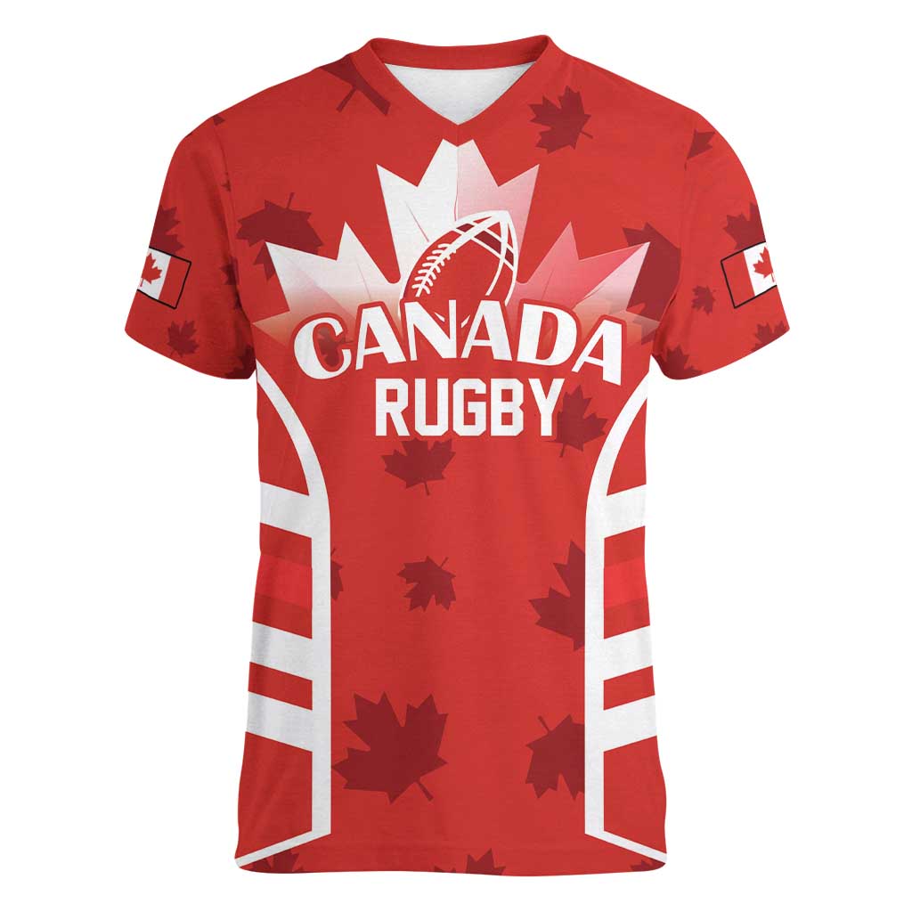 Custom Canada Rugby Women V-Neck T-Shirt Canada Flag Maple Leaf - Wonder Print Shop