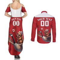 Custom Canada Rugby Couples Matching Summer Maxi Dress and Long Sleeve Button Shirt Beaver Riding A Goose - Wonder Print Shop