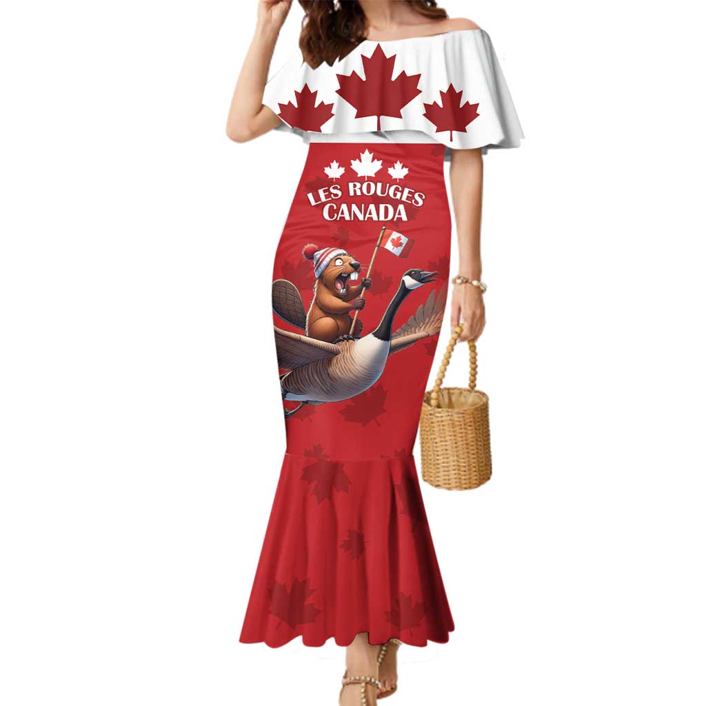 Custom Canada Rugby Family Matching Mermaid Dress and Hawaiian Shirt Beaver Riding A Goose - Wonder Print Shop