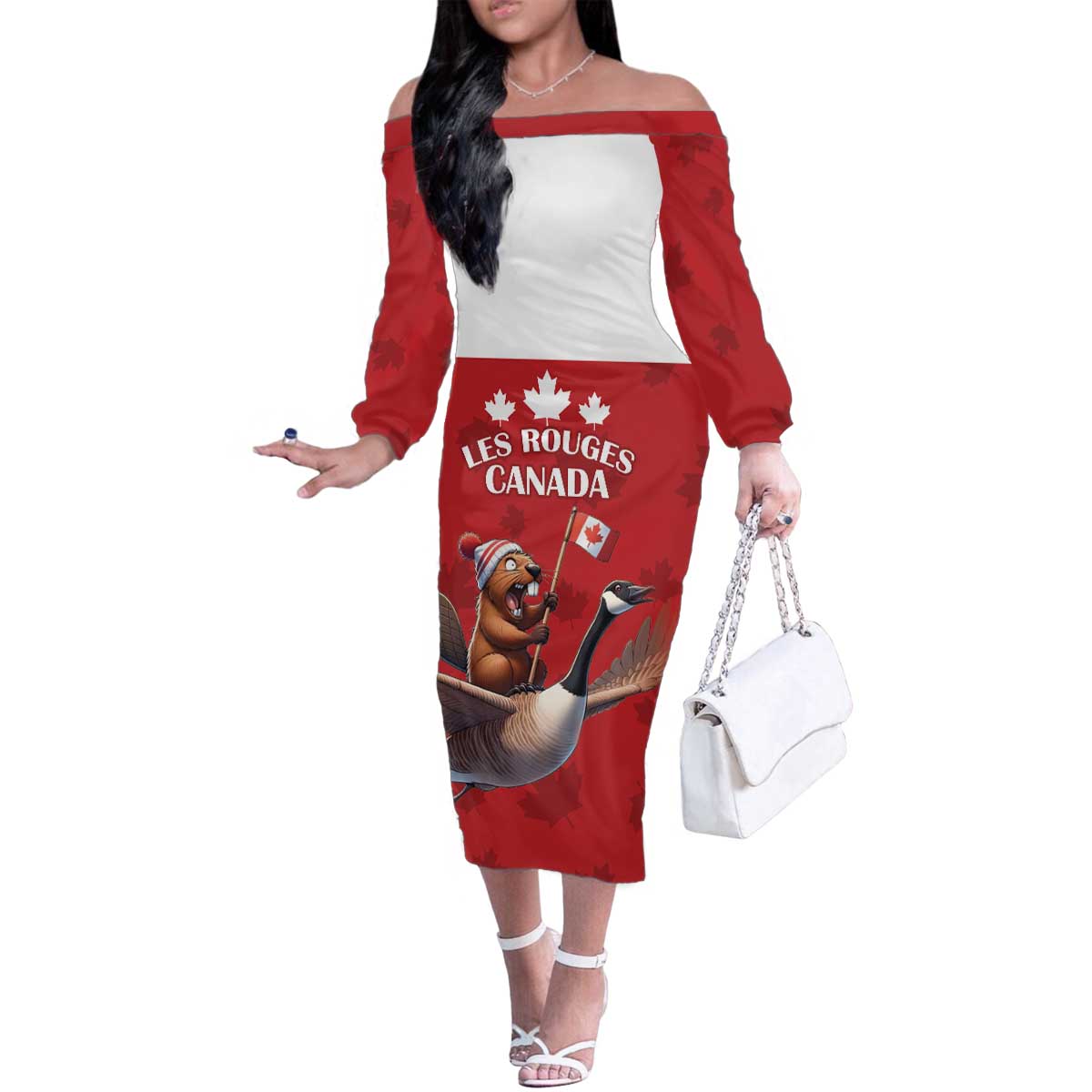 Custom Canada Rugby Family Matching Off The Shoulder Long Sleeve Dress and Hawaiian Shirt Beaver Riding A Goose - Wonder Print Shop