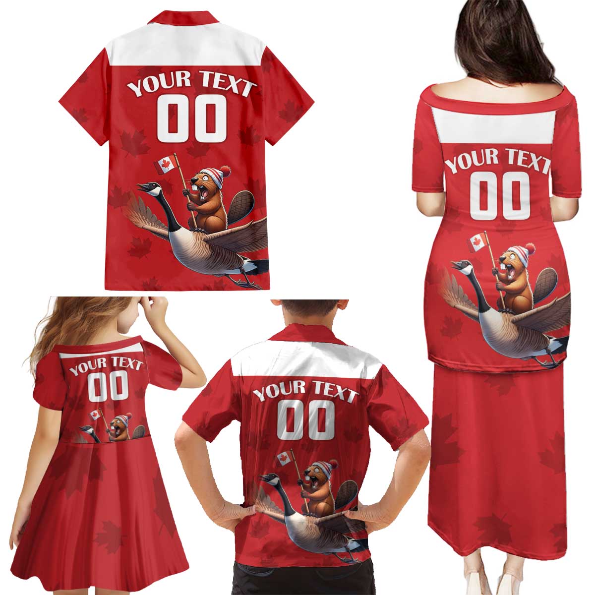 Custom Canada Rugby Family Matching Puletasi and Hawaiian Shirt Beaver Riding A Goose - Wonder Print Shop
