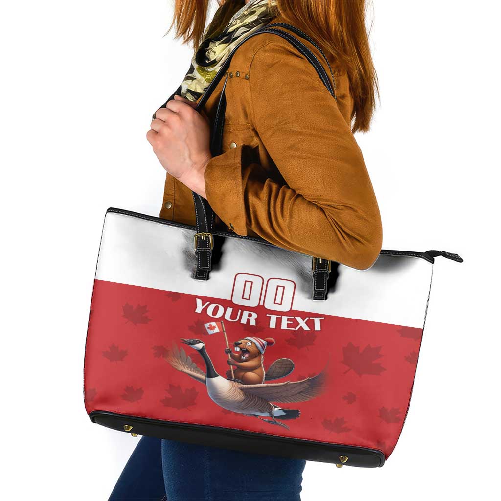 Custom Canada Rugby Leather Tote Bag Beaver Riding A Goose - Wonder Print Shop