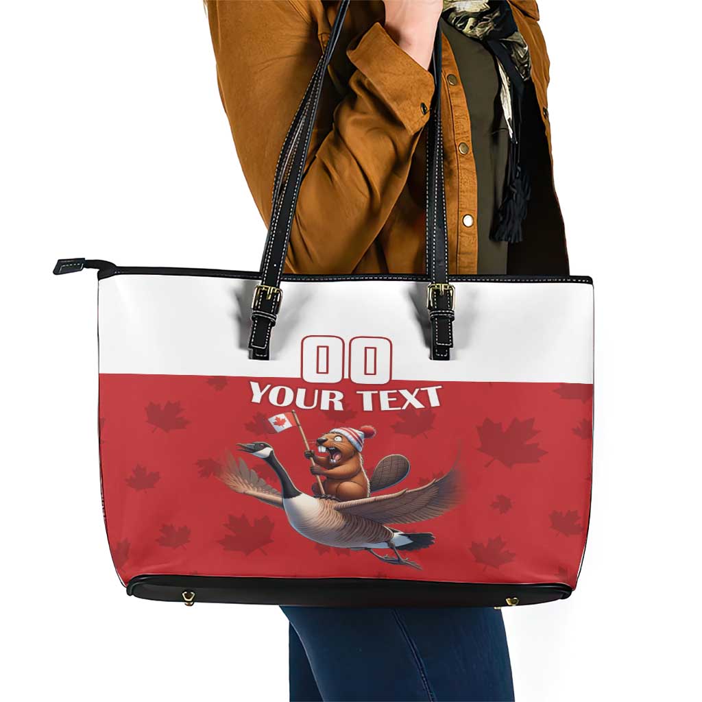 Custom Canada Rugby Leather Tote Bag Beaver Riding A Goose - Wonder Print Shop