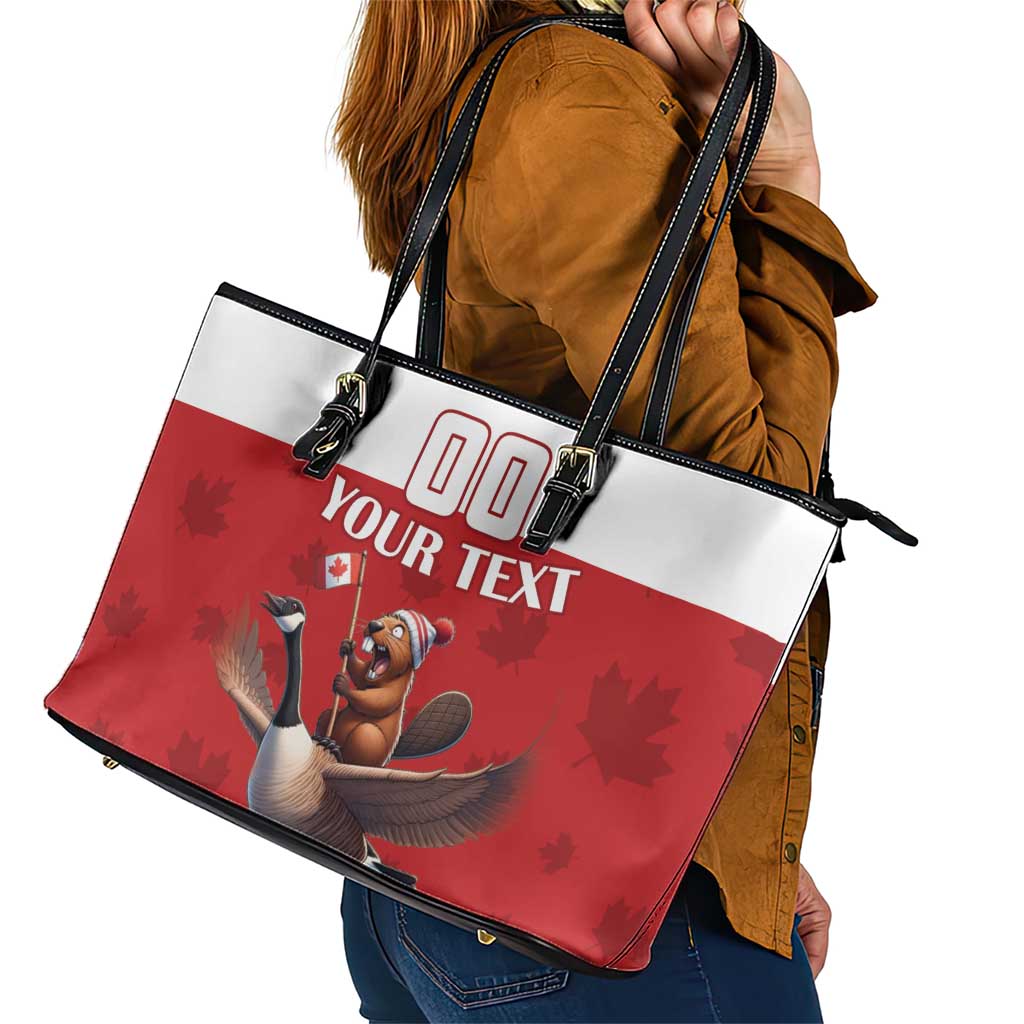 Custom Canada Rugby Leather Tote Bag Beaver Riding A Goose - Wonder Print Shop